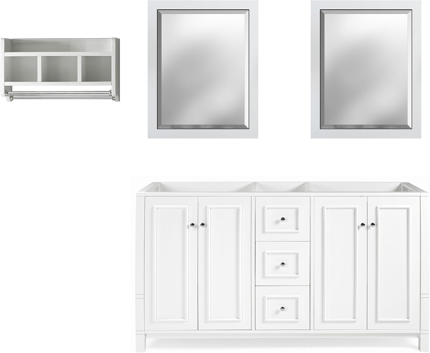 Alaterre Furniture Williamsburg Bathroom Vanity 3-Piece Set - 60 Inch Vanity and 2 Bathroom Mirrors - Solid Wood Bathroom Sink Cabinet Set (White)