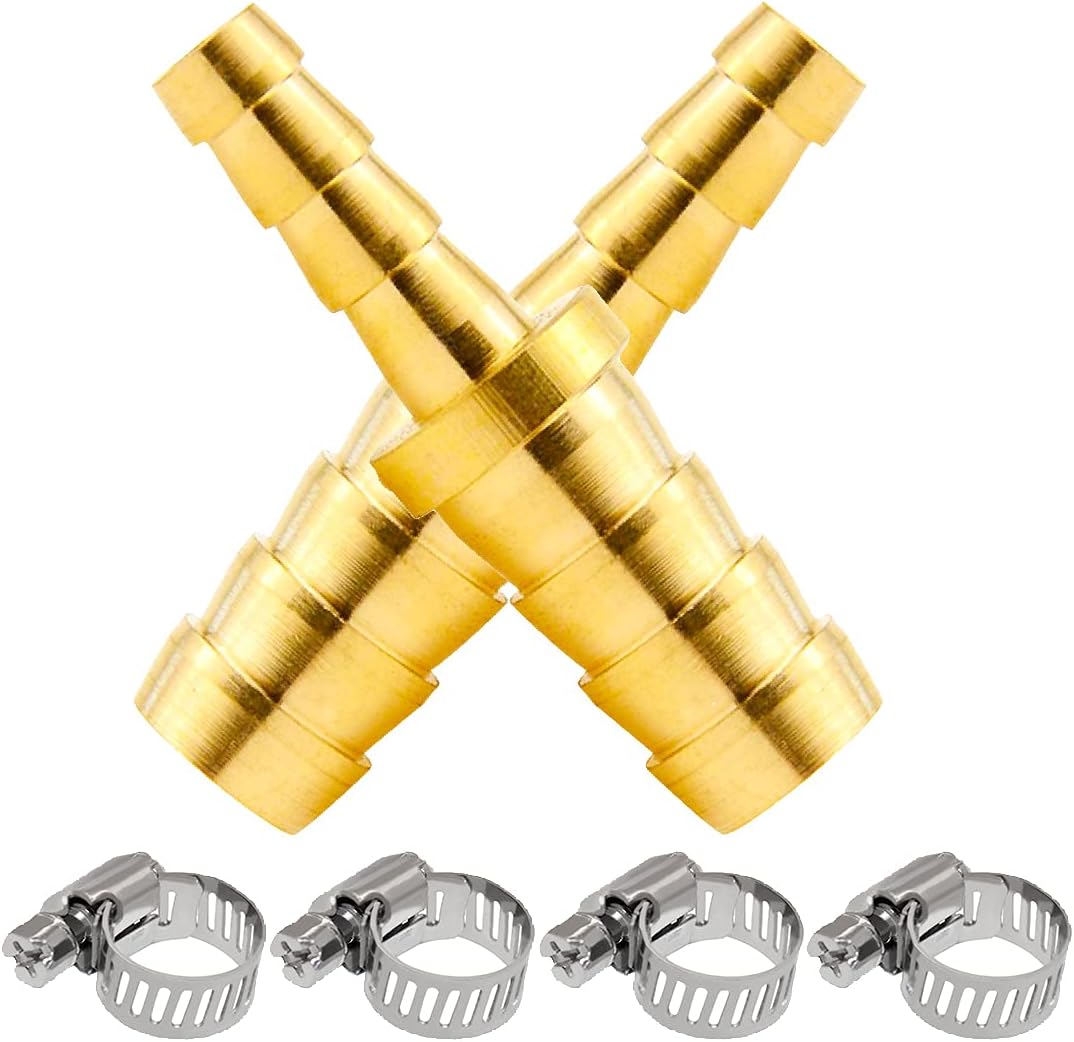 Beduan Brass Hose Barb Reducer, 1/4" to 3/8" Barb Hose ID, Reducing Barb Brabed Fitting Splicer Mender Union Air Water Fuel (Pack of 2)