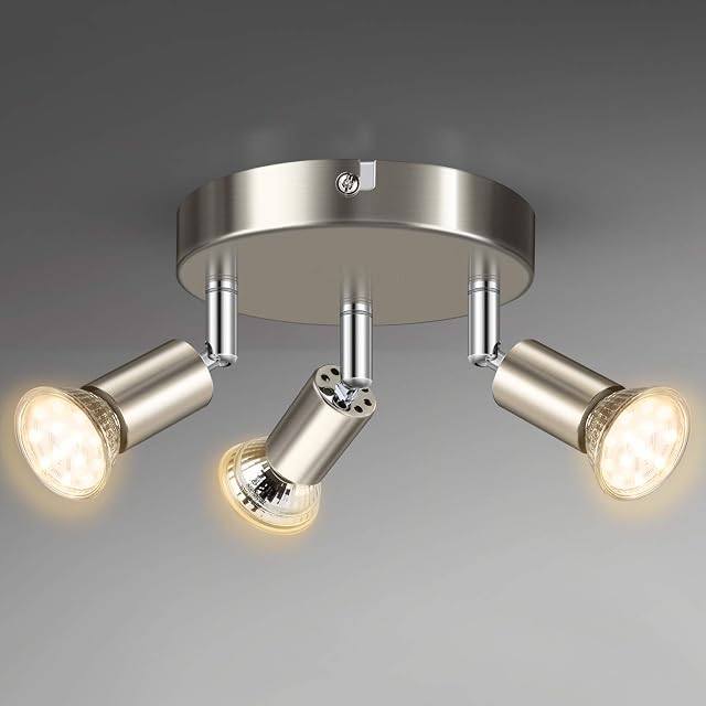 Unicozin 3 Way LED Ceiling Light, Round Plate Ceiling Spotlight, ø140mm, Matt Nickel, Included 3 x 4W GU10 LED Light Bulbs (400LM, Warm White), Spotlight Lamp for Bedroom Kitchen Living Room