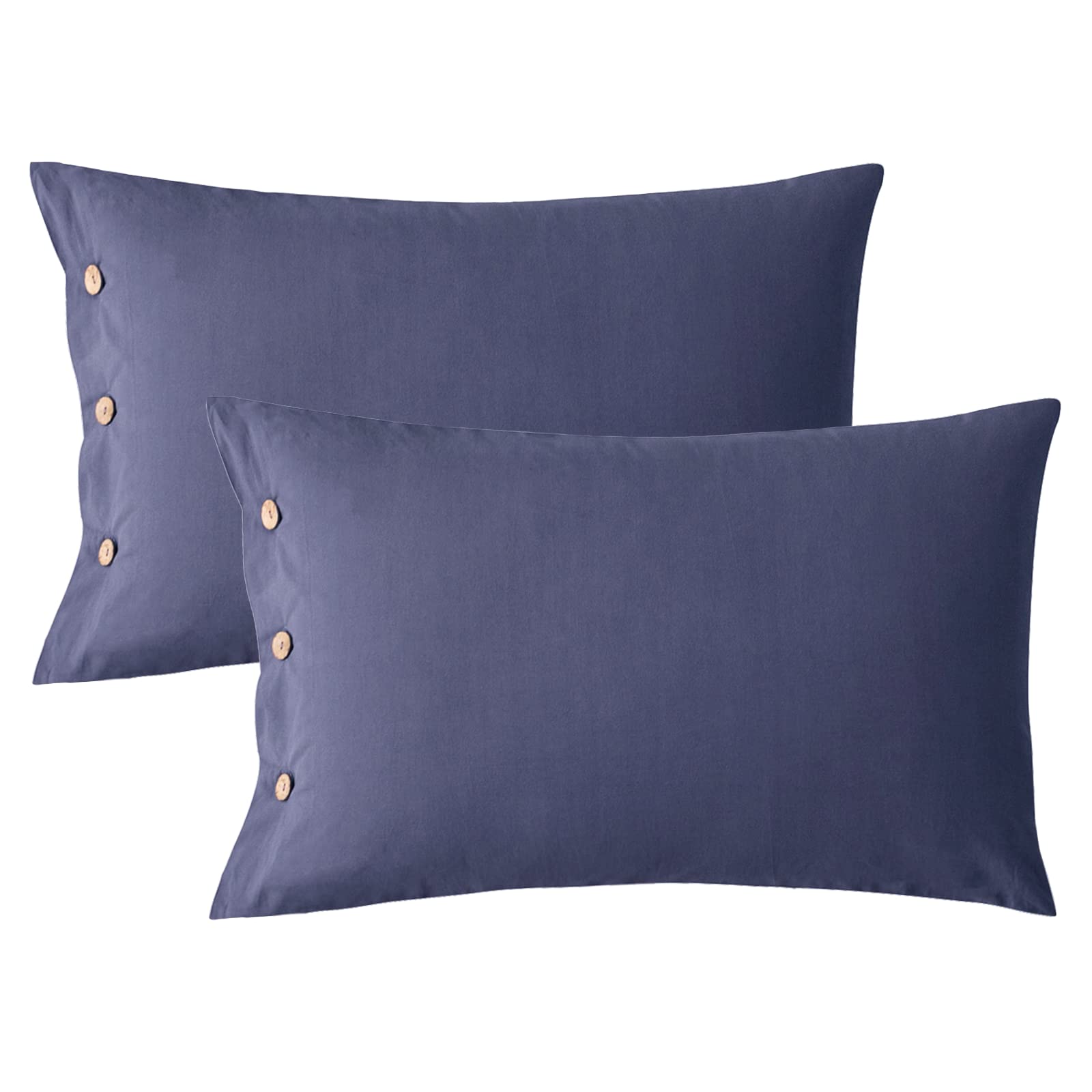 JELLYMONI Blue 100% Washed Cotton Standard Pillowcases Set, 2 Pack Luxury Soft Breathable Pillow Covers with Button Closure(Pillows are not Included)