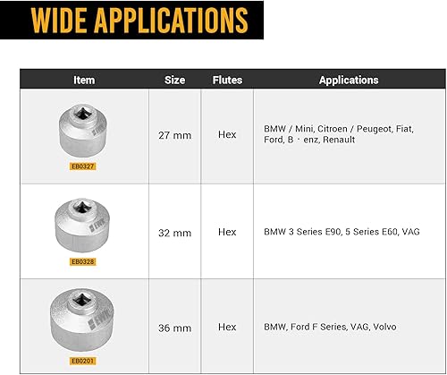 Miniatura 5 de EWK Forjado 3 piezas 27, 32, 36mm Llave de filtro de aceite de perfil bajo, 38" herramienta de extracción de tapa de filtro de aceite para BMW Ford