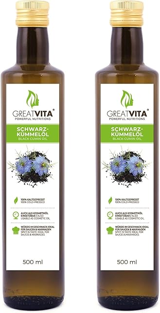 GreatVita olej z czarnuszki 100% czysty i tłoczony na zimno, 1000 ml (filtrowany)