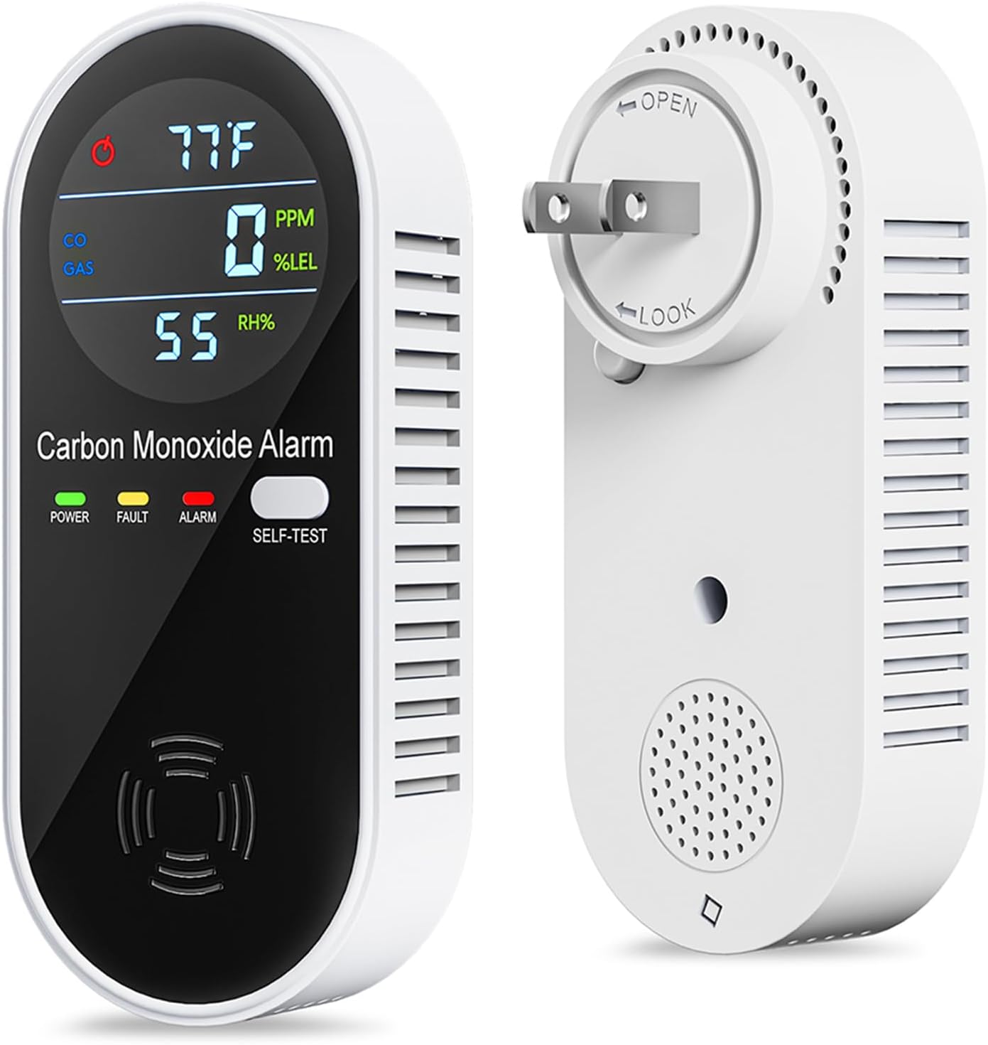 Portable Carbon Monoxide Detectors Plug in 4-in-1 Gas Detector for Home, RV, Hotel Room – Natural Gas & CO Alarm with Temperature & Humidity Display (1 Pack)