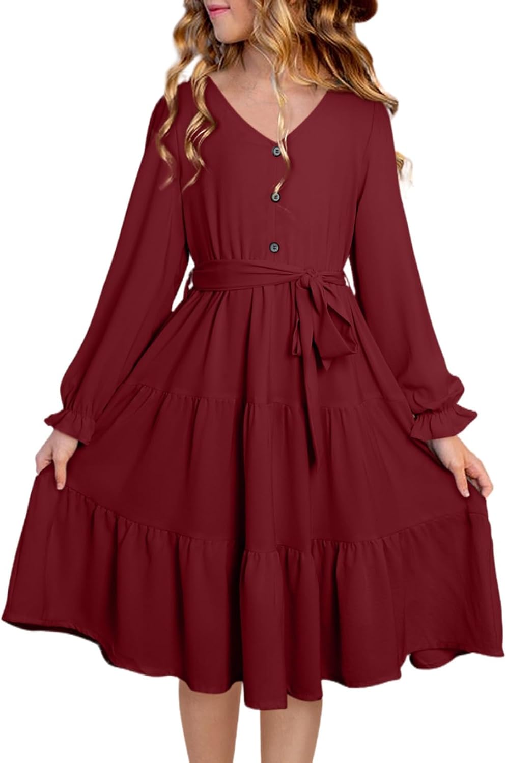 blibean Girls Long Sleeve Fall Dresses Tween Casual Ruffled Swing Formal Dressses Belt Size 6-15 Years