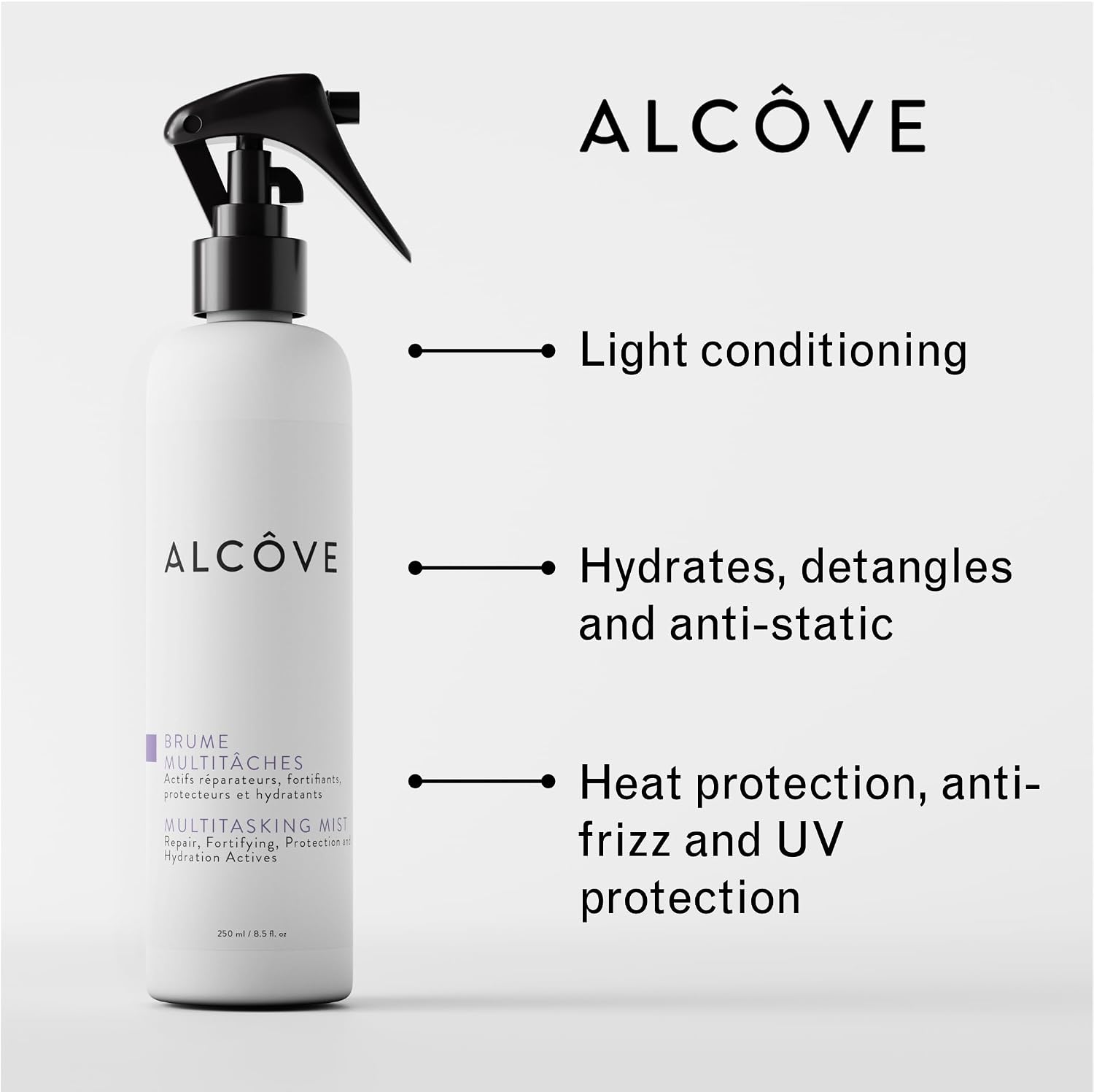 Alcôve - Multitasking Mist - all Hair Types - 10 in 1 Moisturing Mist - Anti-frizz - Leave-in-treatment - Hydrate and Repair - Sun, UV and Heat Protection - Avocado Oil - Color-Safe - 8.5 oz