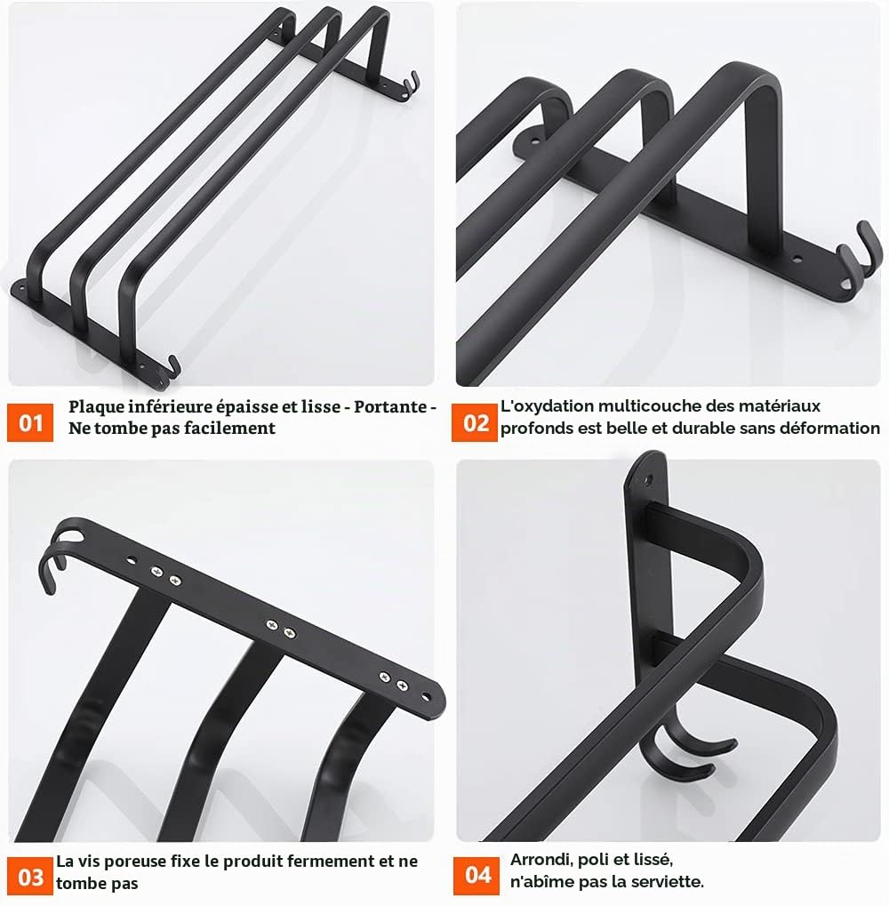 Porte-Serviettes de Salle de Bain Mural en Aluminium - 3 étages - avec Crochets - 60 cm - Étanche - Noir - pour Salle de Bain, Cuisine, Salle de Bain