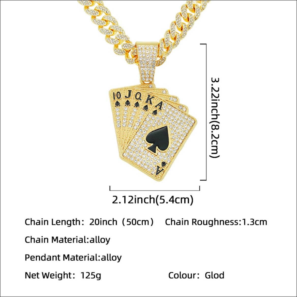 Men’s Hip Hop Rhinestone Royal Flush Poker Cards Pendant Necklace Rock Rapper Jewelry, Gothic Punk Rock Iced Out Gold Lucky Playing Cards Cuban Link Chain for Men