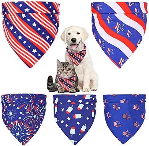 Yunison 5 Packs 4th of July Dog Bandanas Reversible Scarfts American Flag Independence Day Fireworks Pet Triangle Scarfs, Cat Bandanas for Small Medium Large Pets
