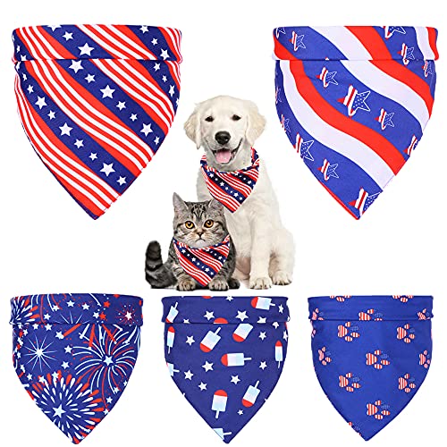 Yunison 5 Packs 4th of July Dog Bandanas Reversible Scarfts American Flag Independence Day Fireworks Pet Triangle Scarfs, Cat Bandanas for Small Medium Large Pets