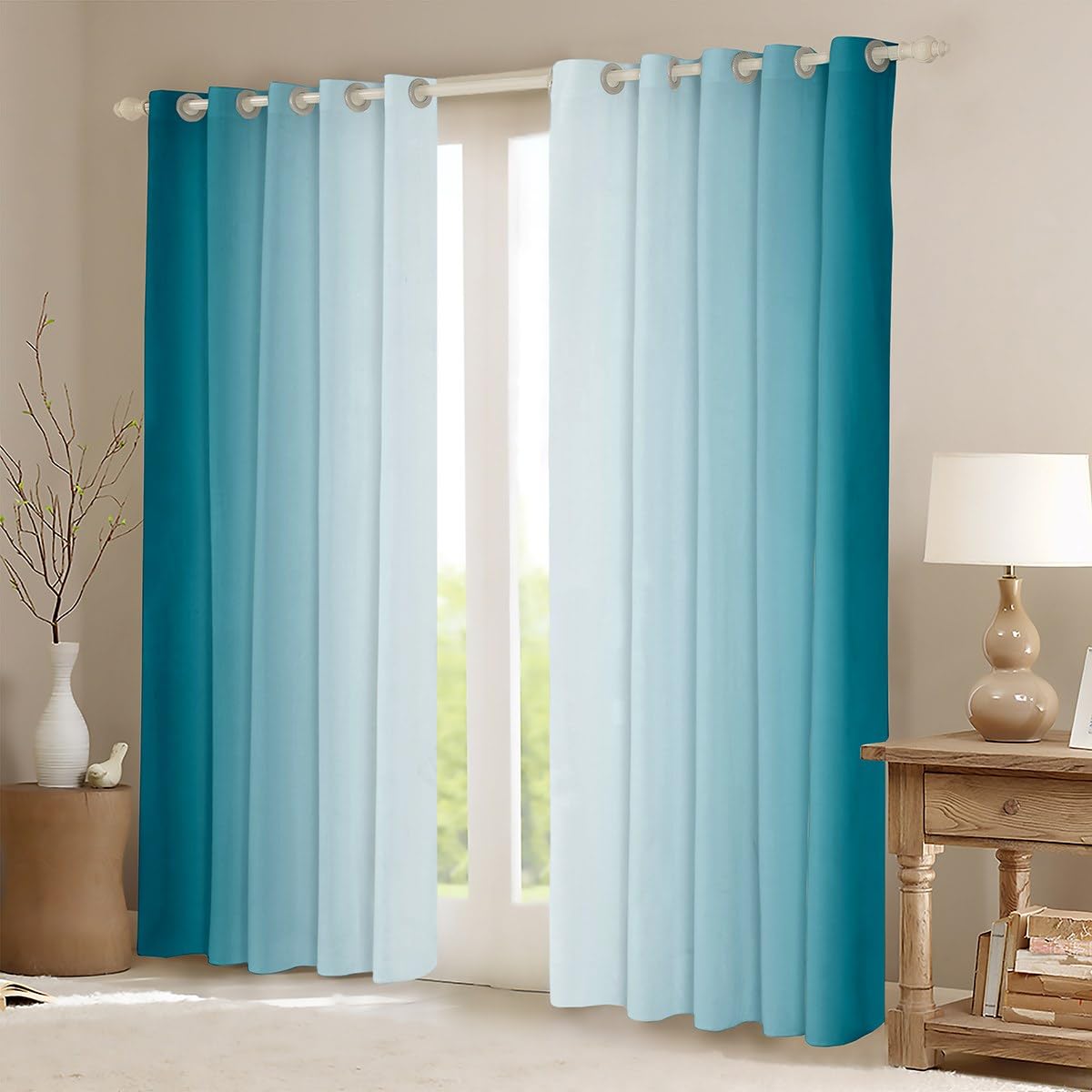Homemissing Teal Blue Darkening Drapes Gradient Style Curtains for Bedroom Living Room For Kids Women Men Ombre White 30%-50% Blackout Curtains Geometric Window Treatments W52*L90 - Image 2
