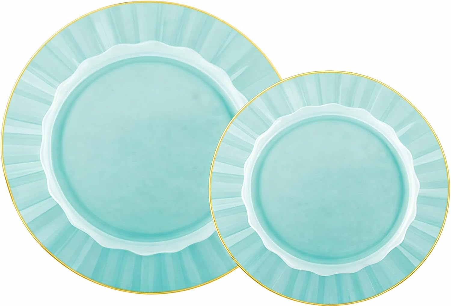 Lillian Tablesettings 192-Piece Green Plastic Plates Set, 96×10" Dinner & 96×7" Salad Plates, Heavyweight Disposable Plates with Gold Rim, Elegant Petal Design Dinnerware