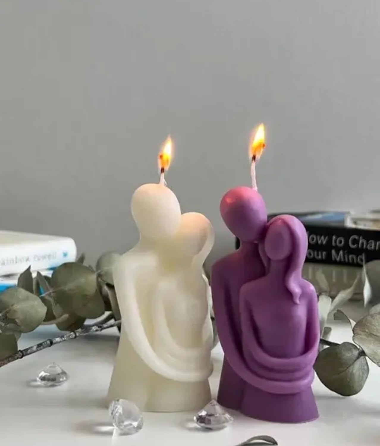 Decorative Female Figure Candles, Set of 2, White and Purple, Handmade Design