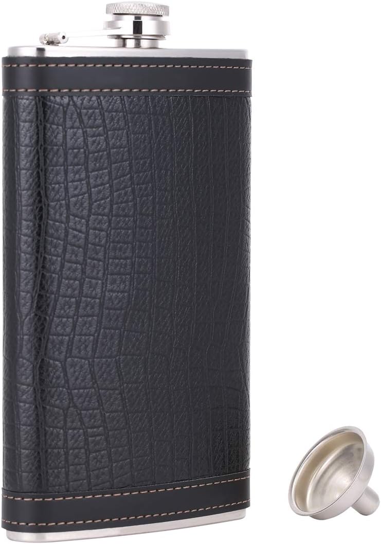 12 oz Pocket Black Whiskey Liquor Leather Wrapped Flask with Funnel and Box - Stainless steel and Leak Proof