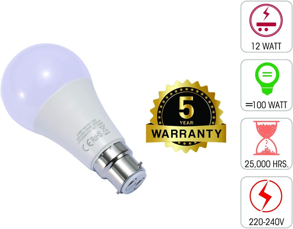 TEKLED® A60 LED Bulbs | B22 Bayonet Cap | Energy Saving 12W Light Bulb 100W Incandescent Bulb Equivalent | 4000K 1020LM NONDIMMABLE | 6-Pack | Cool White - Image 4