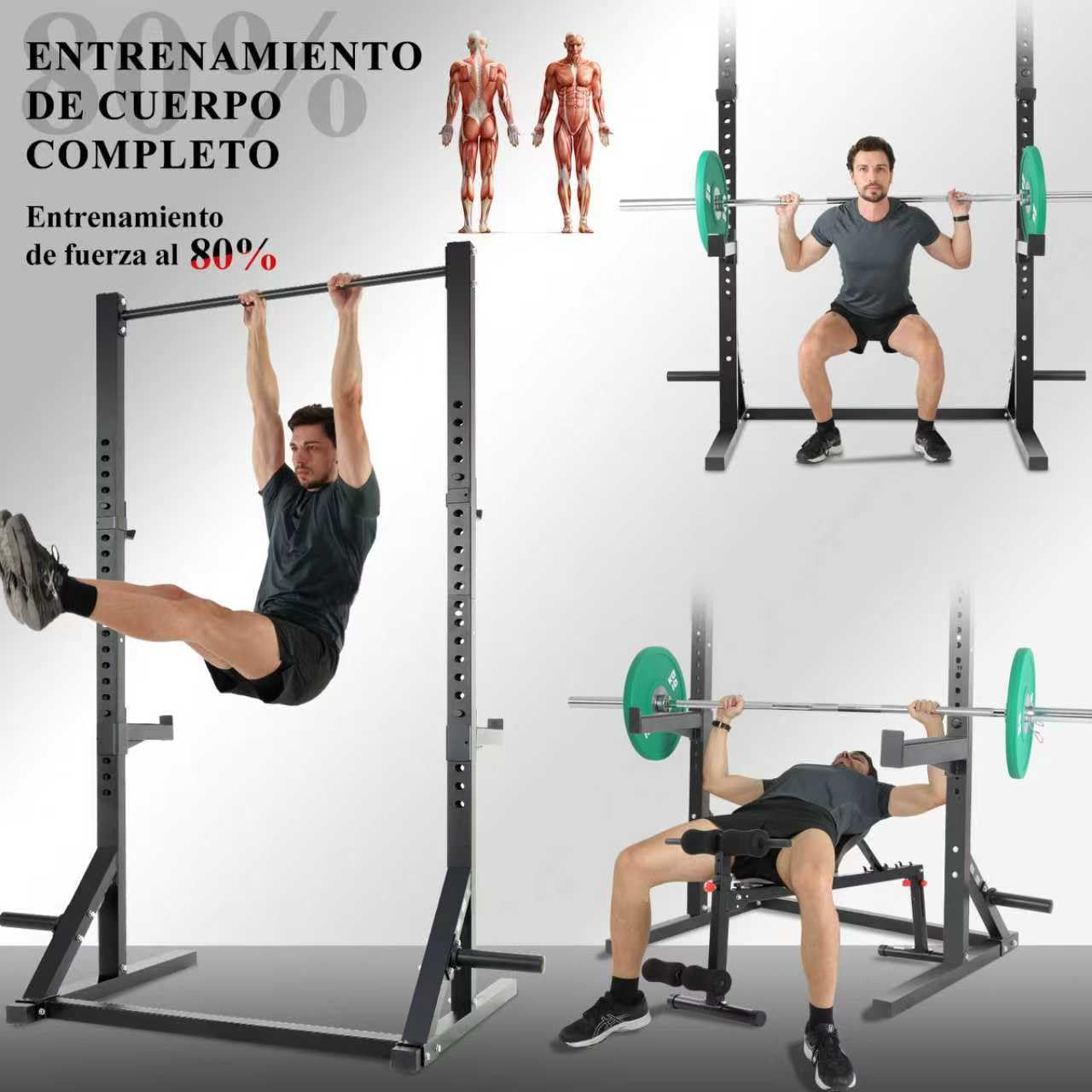 ISE Rack Musculación, Jaula Musculacion, estructura de acero estable, Rack Sentadillas ajustable para entrenamiento de fuerza de 23 posiciones, Power Rack con maquina dominadas en casa