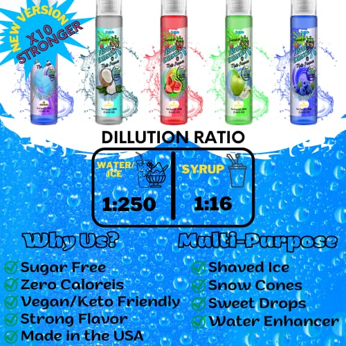 (Variety Pack Of 5) Sugar Free Flavor Enhancer For Ice, Water, Snow Cone, Shaved Ice, Drink, Snacks; Multi-Purpose; Concentrate; Sweetened; No Need Sugar; Just Add Water. Zero Calories #TOP1