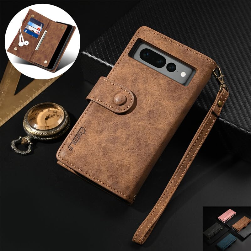 Étui rabat cuir Pixel 10 Pro XL marron avec fermeture éclair portefeuille - 2