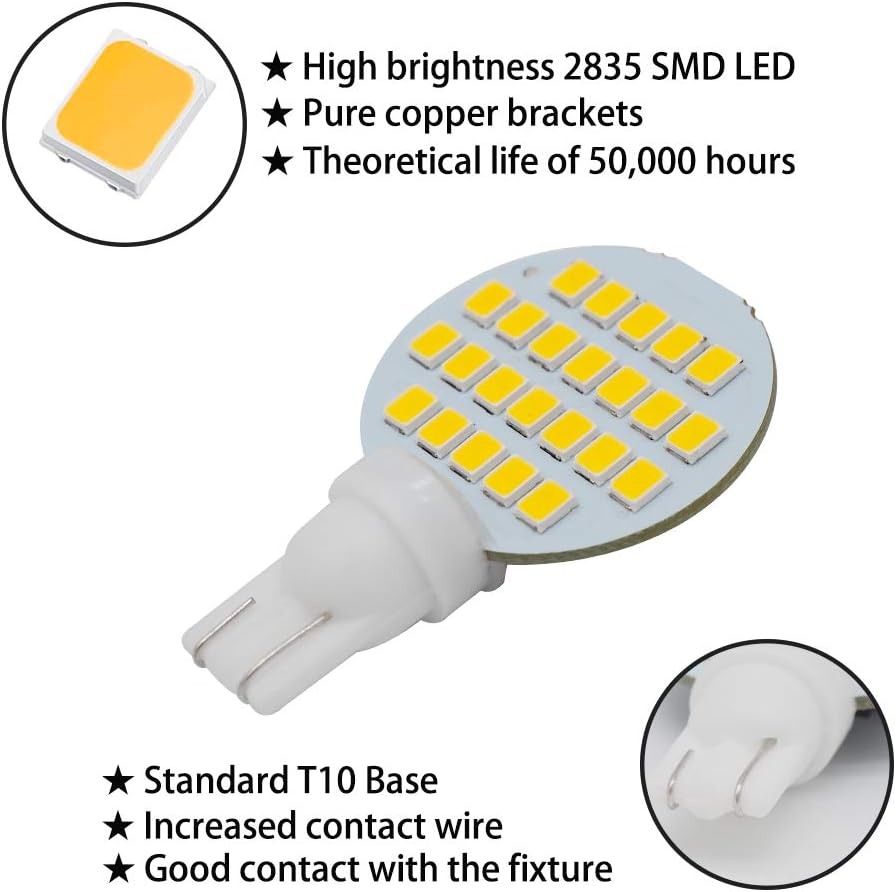 GRV T10 LED Light Bulb 24-2835 SMD Super Bright Lamp AC/DC 12-24V for Car Boat RV Trailer Camper Motorhome Ceiling Dome Warm White Pack of 6