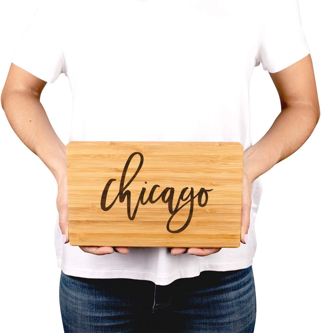 Andaz Press Chicago Bamboo Wood Cutting Board, 9.5 x 6-inch, Calligraphy, 1-Pack, Small Engraved Serving Chopping Board Christmas Birthday Moving Away College Graduation Chef Kitchen Ideas
