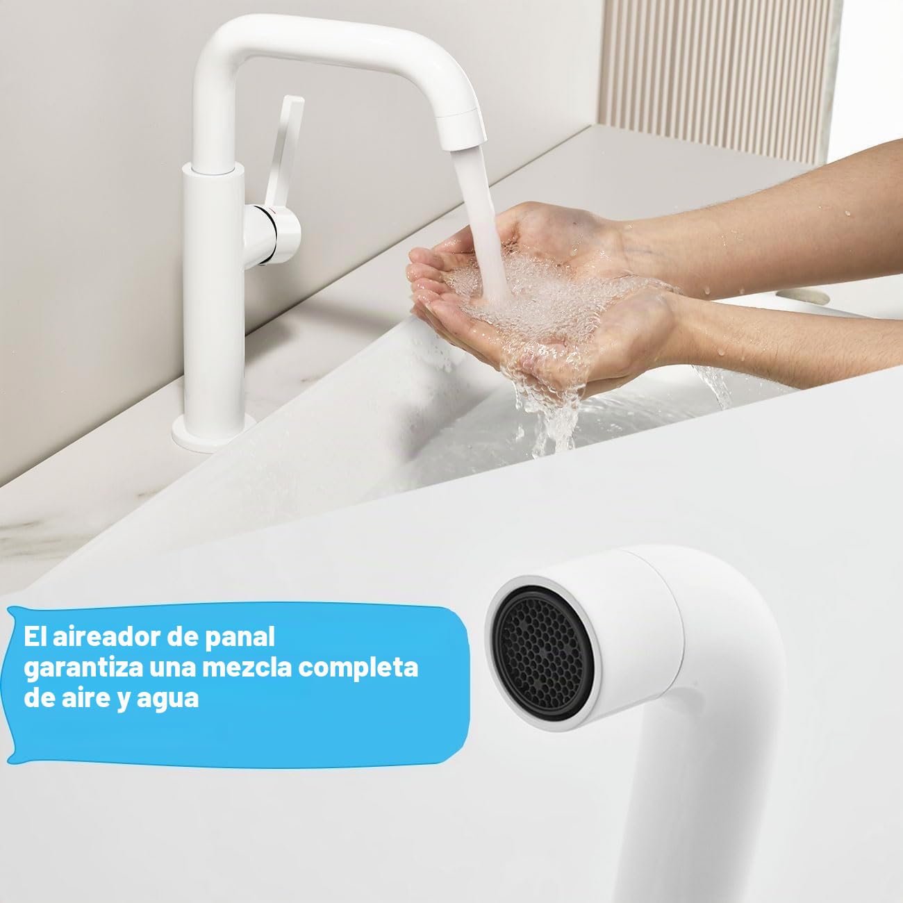 ONECE Grifo de Lavabo Alto Blanco, Mezclador Baño para Encimera | Giratorio a 360°, Grifería Monomando de Acero Inoxidable 304, Aireador Extraíble, Agua Fría y Caliente
