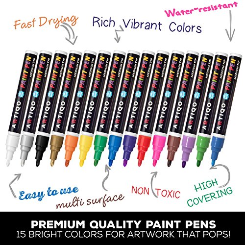 Artiqo Paint Pens For Rock Painting - Wood, Glass, Metal And Ceramic Works On Almost All Surfaces Set Of 15 Vibrant Medium Tip Oil Paint Marker Pens, Quick Dry, Water Resistant #TOP3