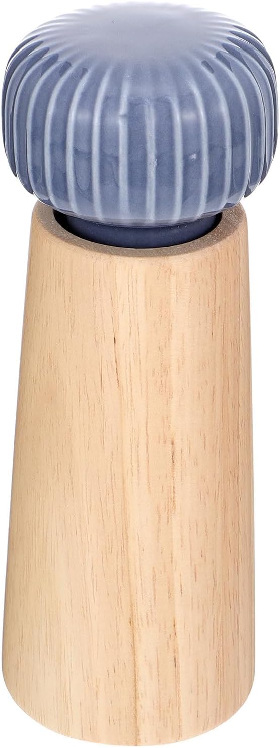 Wooden Pepper Mill Manual Spice Grinder with Ceramic Blue Lid 6.5x6.5x17.5cm Handheld Pepper Seed Crusher for Kitchen and Dining Use
