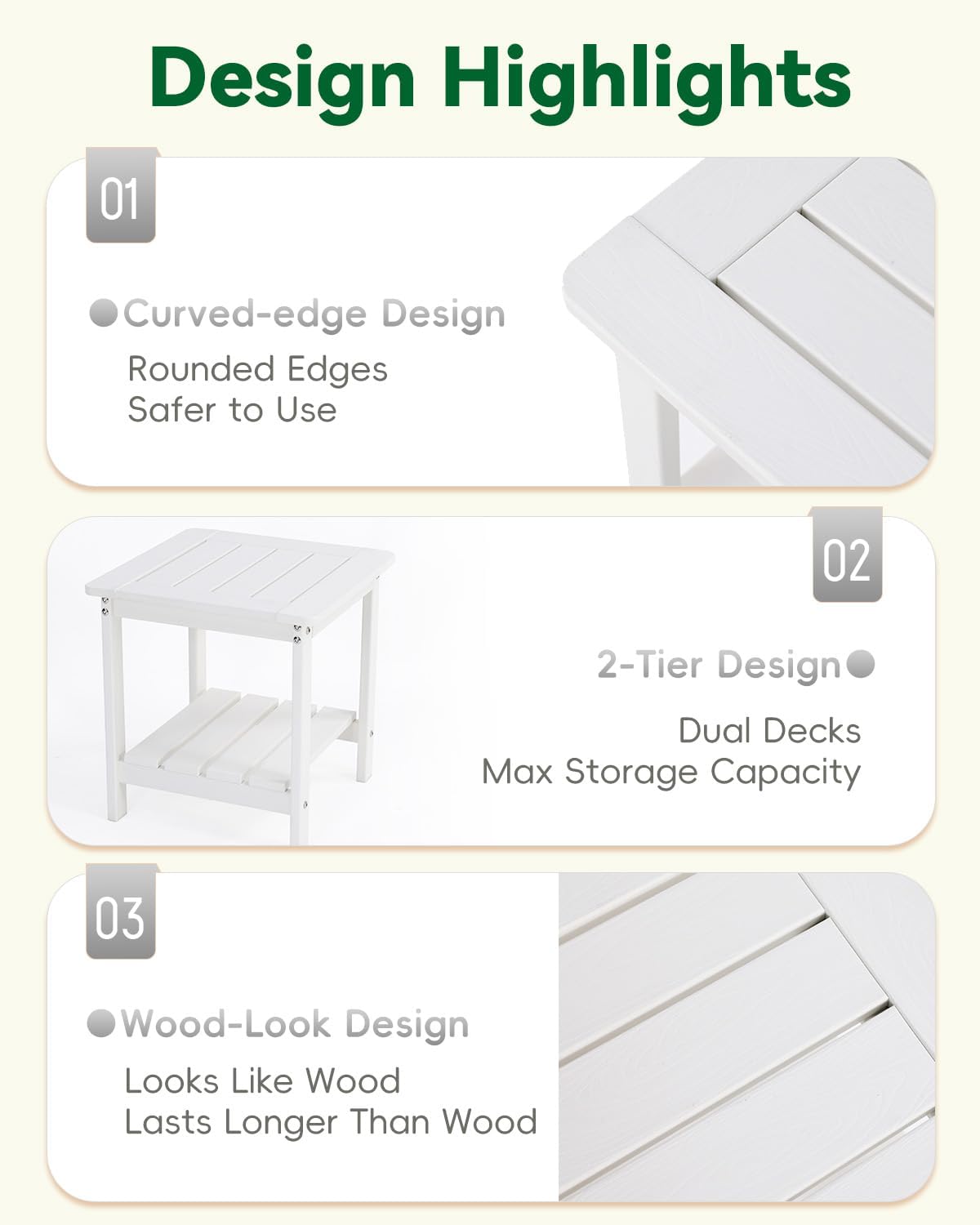 Kibaso-Adirondack Outdoor Side Table, 2-Tier HDPE Outdoor End Table, Weather Resistant Easy Maintenance, Small Patio Side Table for Patio, Pool, Porch, Garden, Lawn, and Living Room (1, White)