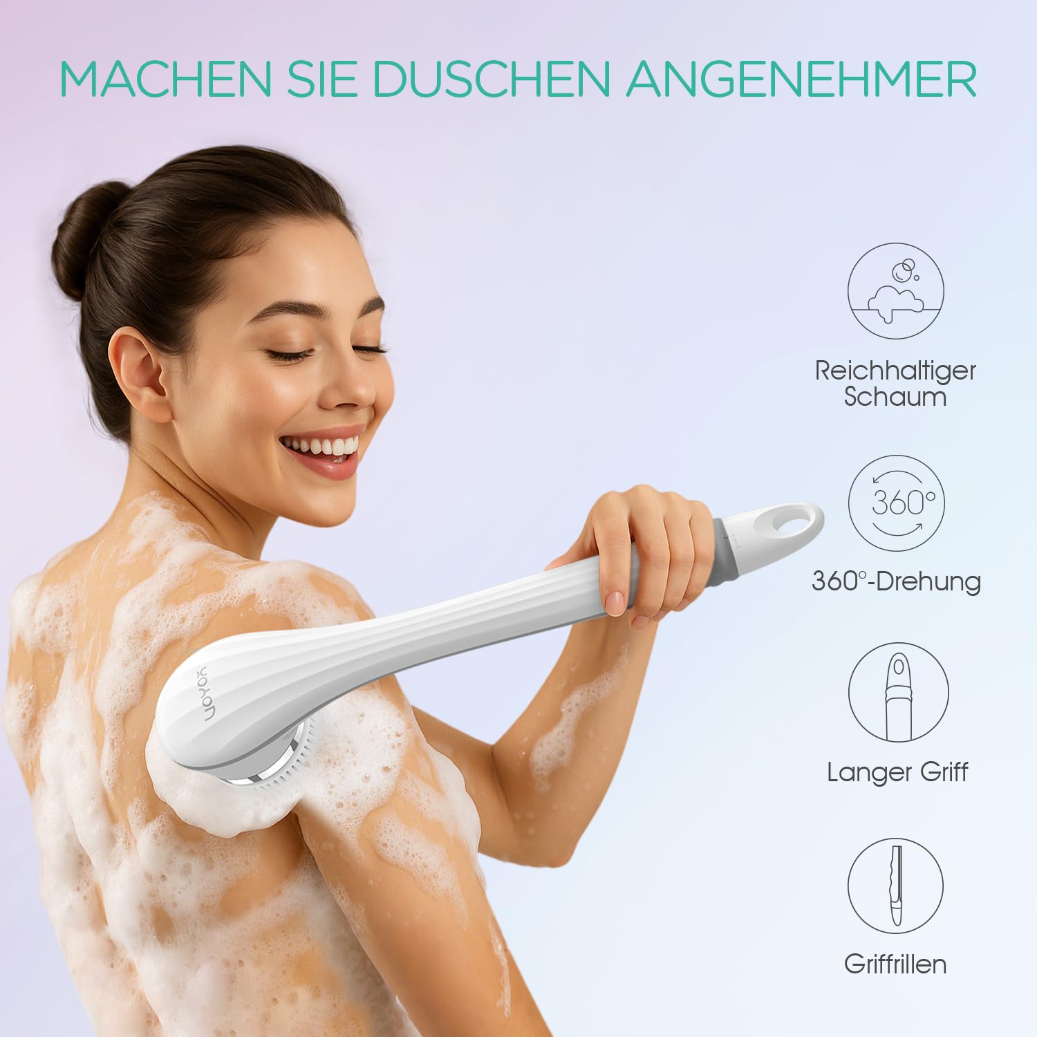 VOYOR Rückenbürste Duschbürste Körperbürste elektrische Rückenbürste langer Griff wasserdicht Aufladbar mit 4 Reinigungsköpfen für Spa Dusche Peeling Massagebürste BC100 (Grau)