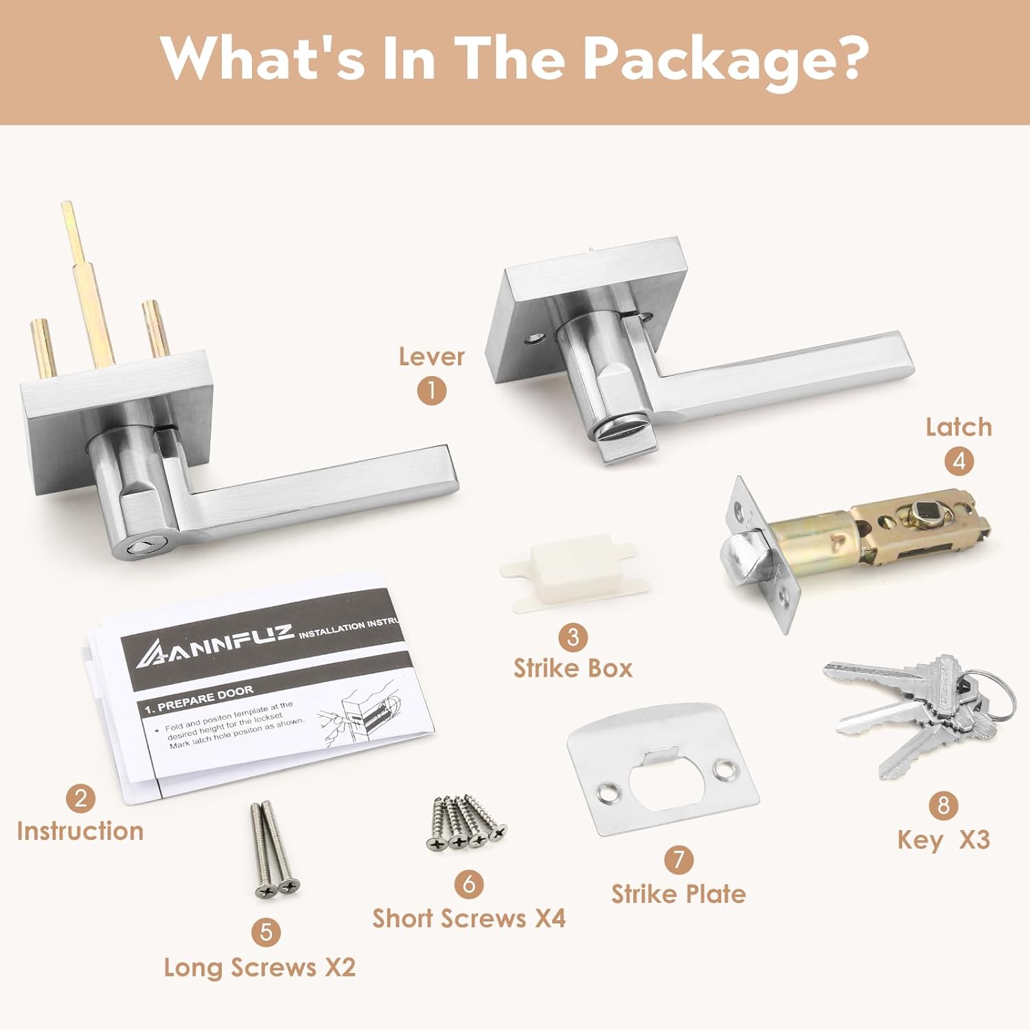 Entry Door Handle Lock and Key,Square Entrance Locking Lever Set for Room Office,Reversible for Left Right Interior Exterior Front Door,Lockable,Not Keyed Alike,Heavy Duty, Brushed Nickel