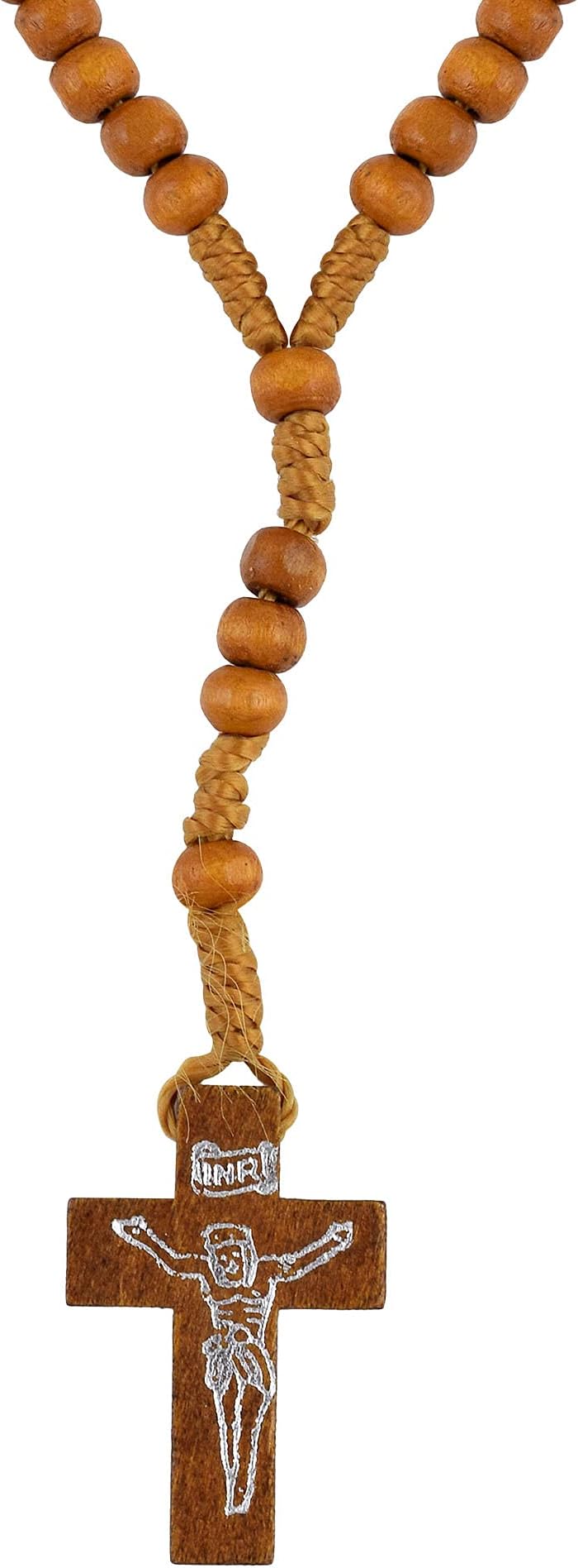 Memoir Wooden, England Teak Wood Colour, Christian Christ Jesus Rosary Bead Mala with Jesus Imprint dangling cross necklace Christian jewellery men women boys girls