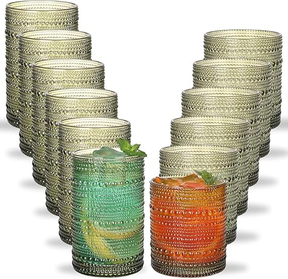 Set de 12 Vasos TOMNK Hobnail Verde, 6 Vasos Altos 12 Oz y 6 Vasos Cocktail 10 Oz