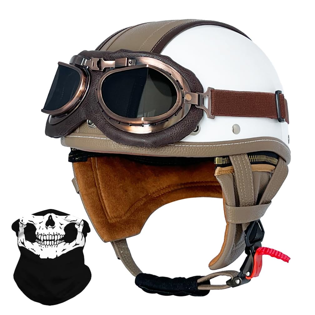 Mezzo Casco Moto Vintage Tedesco Con Occhiali, Casco a Faccia Aperta Retrò Pelle Omologato ECE, Berretto Donna Uomo per Motocicletta Crociera Scooter e Bici Elettrica, 55~64CM