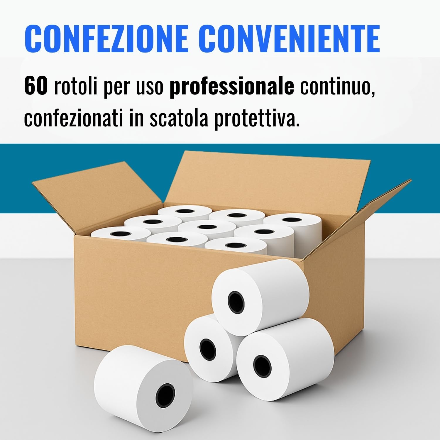 Rotoli Carta Termica 57 mm x 35 m, 55 g/m², Senza BPA, Confezione da 60, Compatibili con POS, Registratori di Cassa, Lettori Carte e Stampanti Termiche, Ricevute, Scontrini, Rotolini