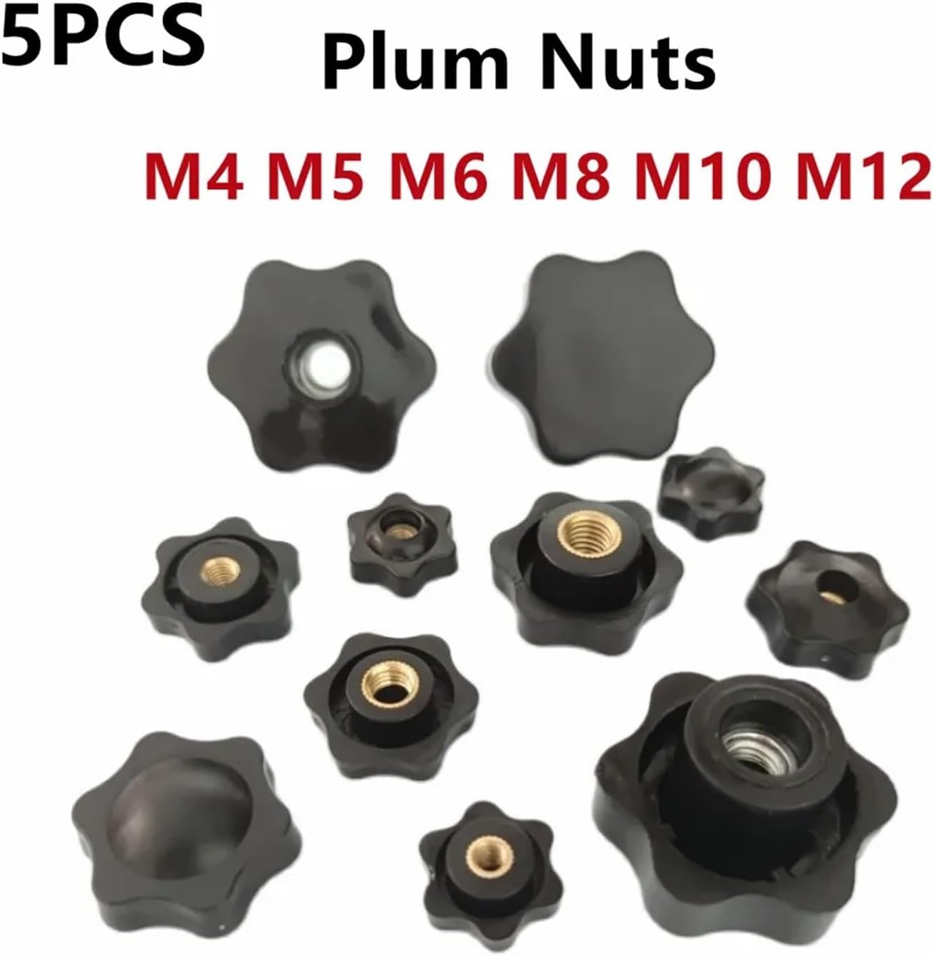 Hand tighten star nut 5PCS M4 M5 M6 M8 M10 M12 Plum Hand Tighten Nuts Handle Thread Mechanical Black Thumb Clamping Knob Manual Perforated(Perforated,M8 38)