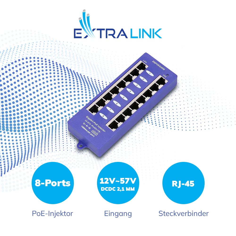 EXTRALINK Injecteur PoE - Plug & Play - Ethernet Gigabit - 8 Ports PoE+ - Fonctionnement Silencieux et Indicateur LED - Compact et Polyvalent pour Caméras IP, Téléphones VoIP, Points d'Accès - Mode B