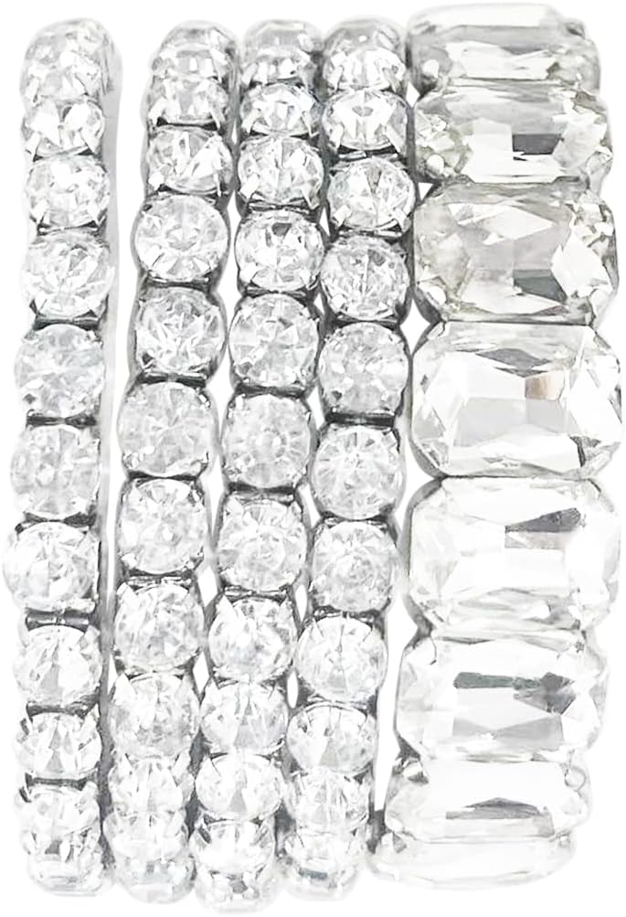 Rosemarie & Jubalee Women's Stunning Statement Bejeweled Set Of 5 Colorful Crystal Rhinestone Stretch Bracelets, 6.75"