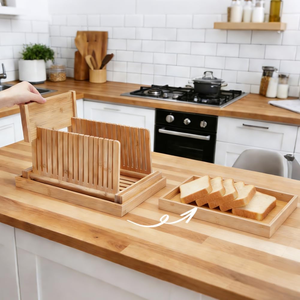UNICRAFTALE Trancheuse à Pain Réglable en Bambou avec Bac à Miettes Coupe Pain Guide de Découpe pour Maison pour Bagels Cakes Pains au Levain Gadgets de Cuisine Ensemble Cadeau 32.2x21.6x17cm