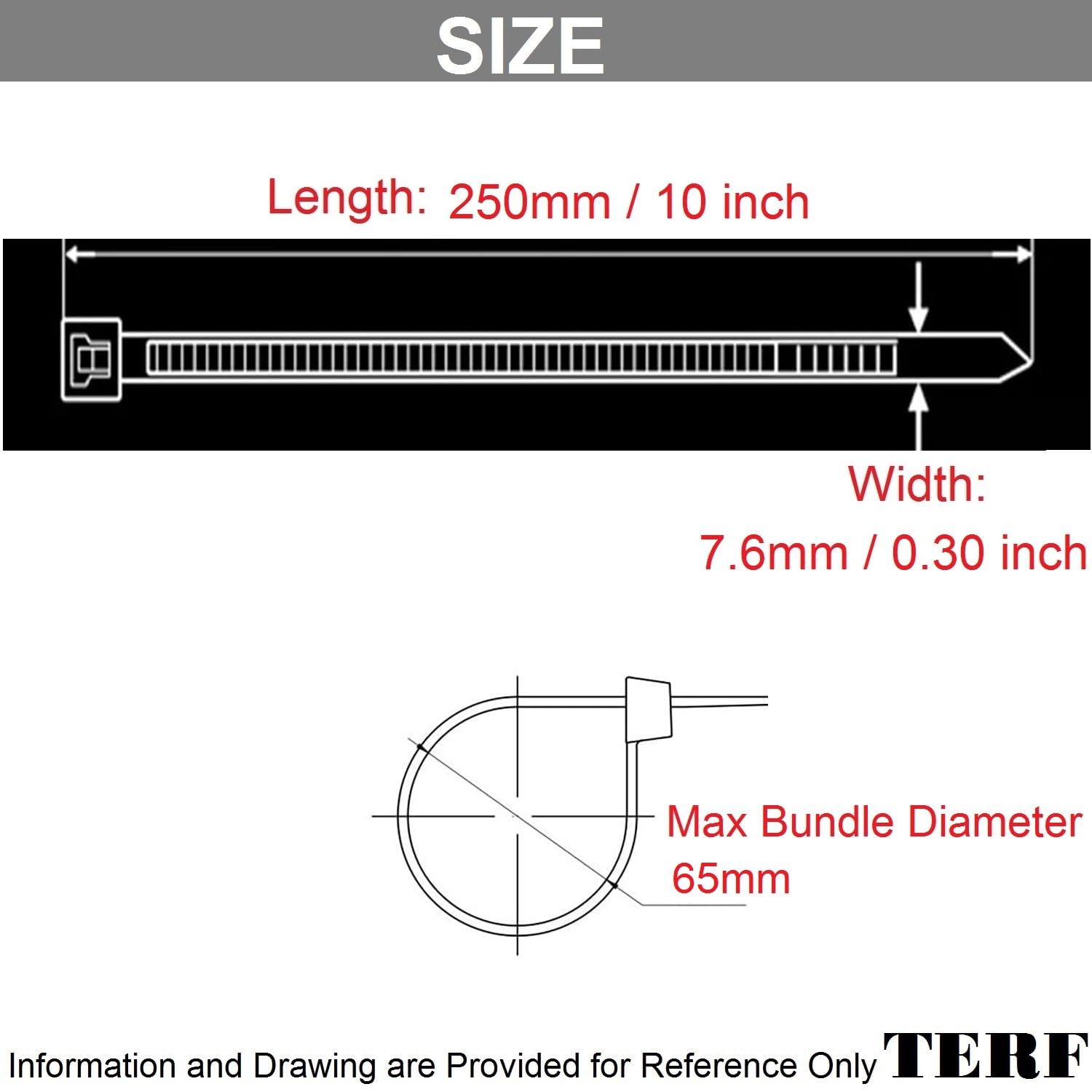 TERF® 100 Pcs Black Cable Ties 250mm (10'') X 7.6mm Heavy Duty Nylon Zip Ties Wraps Secure Self Locking Mechanism Plastic Tie for Home Office Garden Garage Workshop DIY Use - Image 3