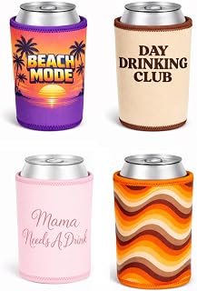 Neoprene Can Cooler Sleeves 4 Pack, Insulated 12oz Beer Can Holders with Aluminum Lining, Funny Beach Drinking Designs, Perfect for Party, Beach, BBQ & Gifts