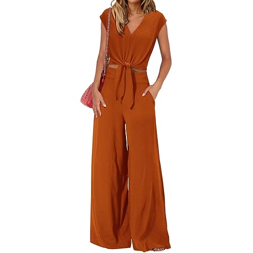 dowerme Women's Summer 2 Piece Outfits Cap Sleeve Strappy Crop Top Wide Leg Pant Sets Casual Tracksuit Lounge Wear 2024