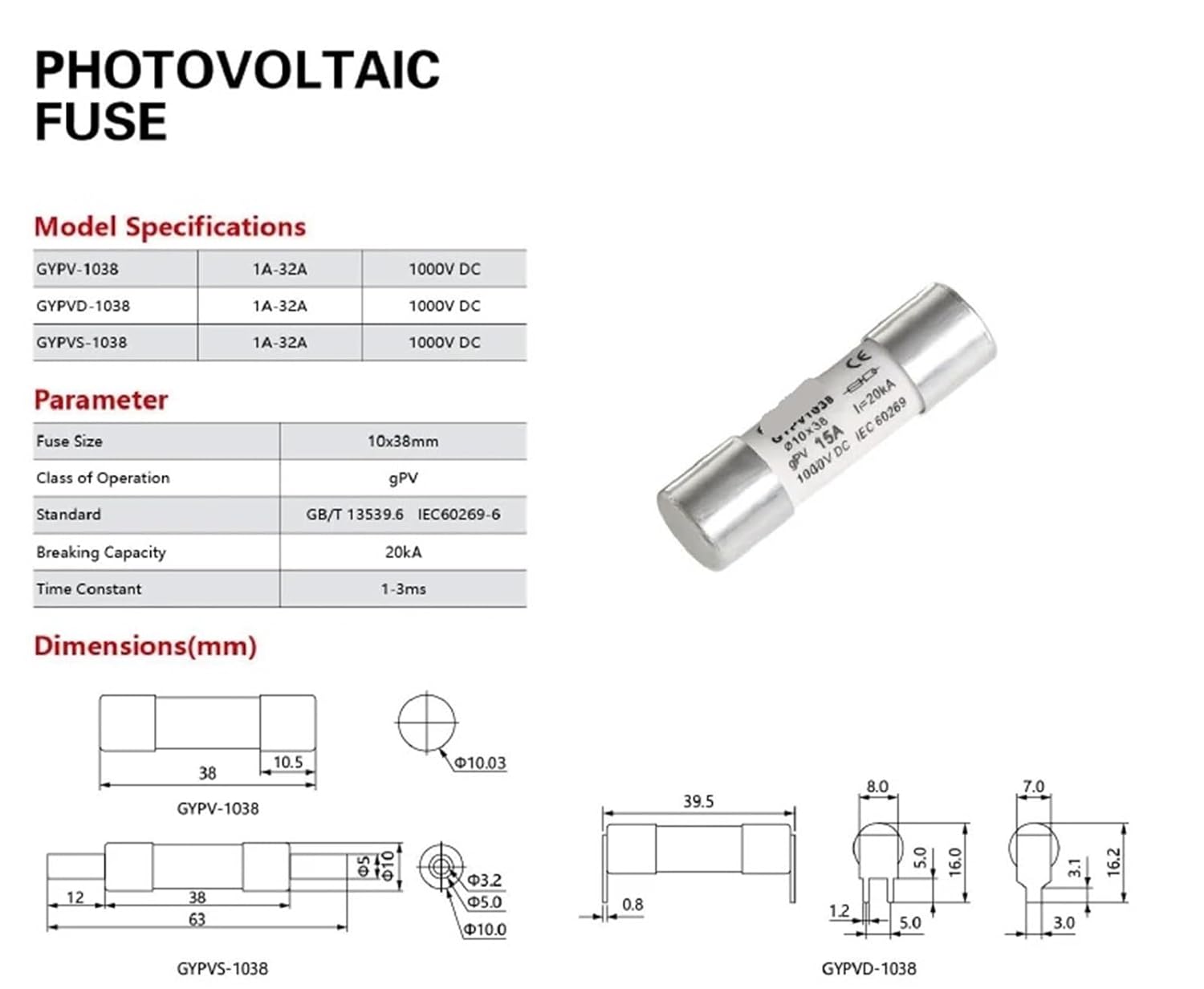 GYPV-32 1P 2P Parallel DC Fuse Holder 10 * 38mm High Voltage Solar PV 1000V Fuse Link Base 10A 15A 20A 25A 30A(10A Fuse Link Only)
