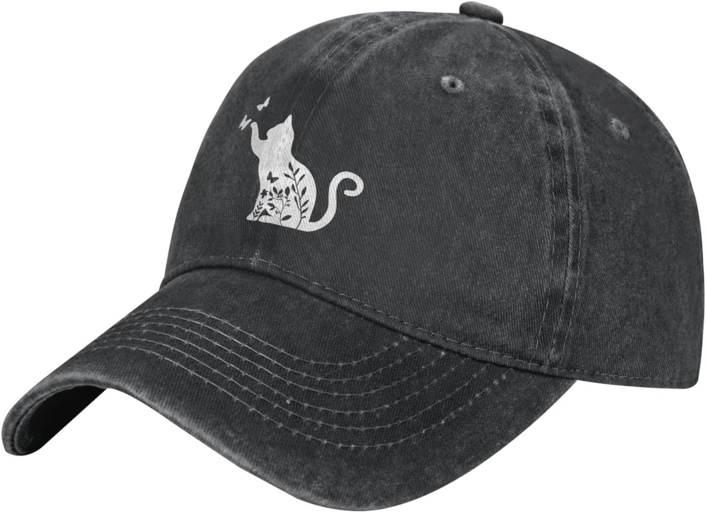 Women's Floral Cat Hat for Cat Lovers, Vintage Distressed Washed Adjustable Baseball Cap for Men and Women