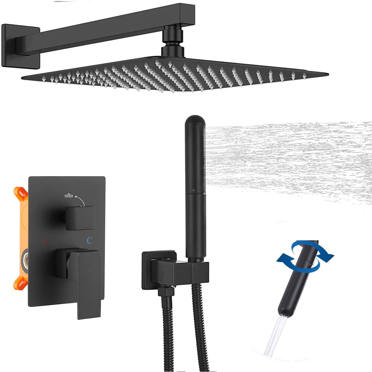 ❤ Crаzу Dеаlѕ Matte Black Shower Faucet GGStudy Shower Trim Kit with Rough-in Valve Shower Set Bath Rainfall Shower Faucet System 12 inch Square Stainless Steel Metal Shower Heads with Handheld Spray