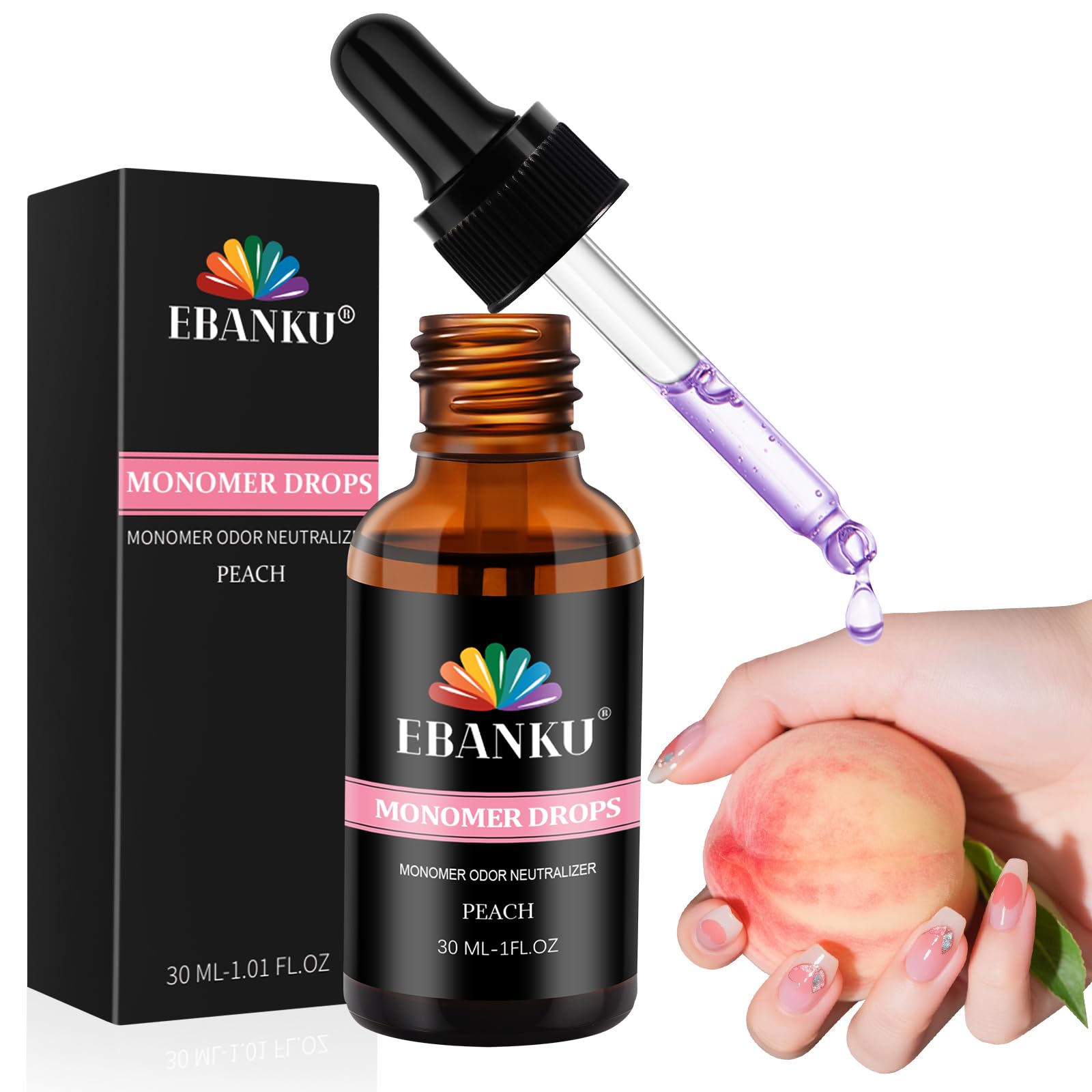 EBANKU 30 ml Neutralizzatore di odori monomero Gocce monomero al profumo di pesca, gocce Odor Out per monomero liquido acrilico per unghie, eliminatore di odori per unghie acriliche da salone