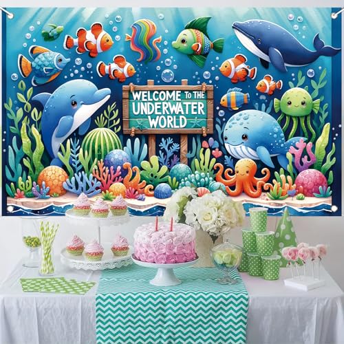 Image of Underwater World Backdrop Banner Ocean Party Decoration Cute Sea Animal Banner for Kids Birthday Baby Shower Photography Background Photo Booth Wall Decor 71 x43 Inch