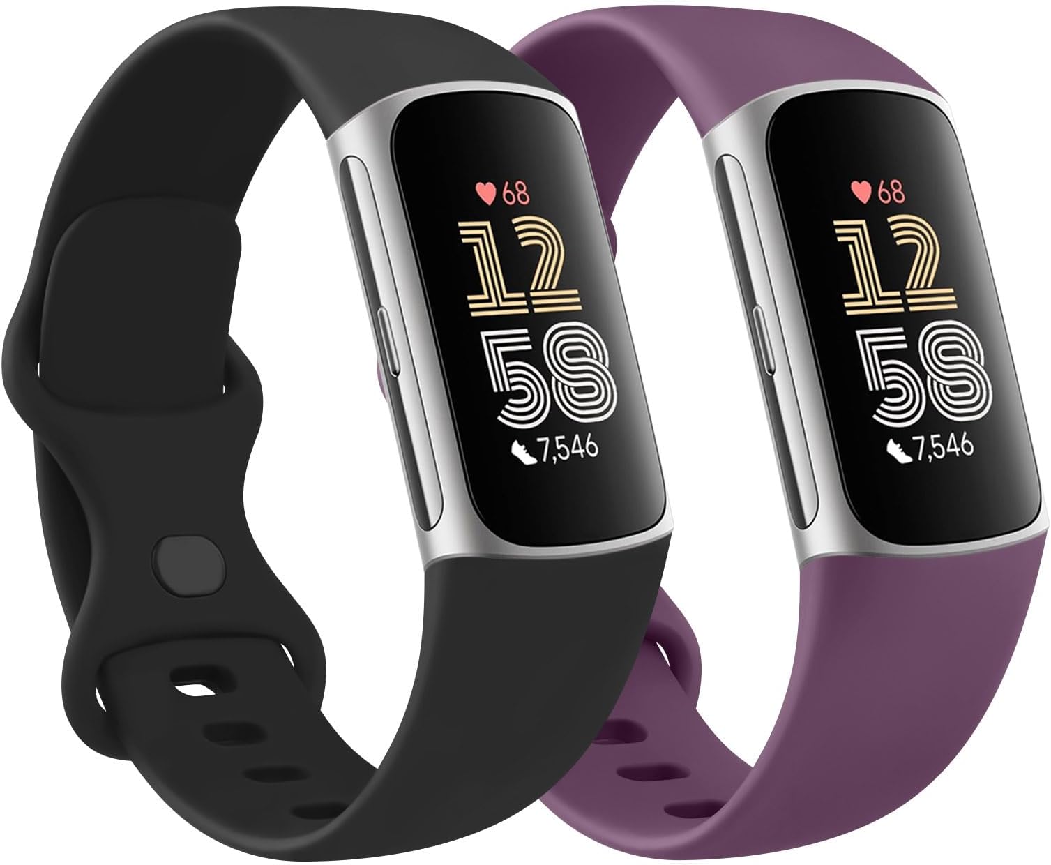 2 Pack Silicone Band for Fitbit Charge 6 / Fitbit Charge 5 Band, Classic Soft Sport Replacement Wristbands Strap for Women Men