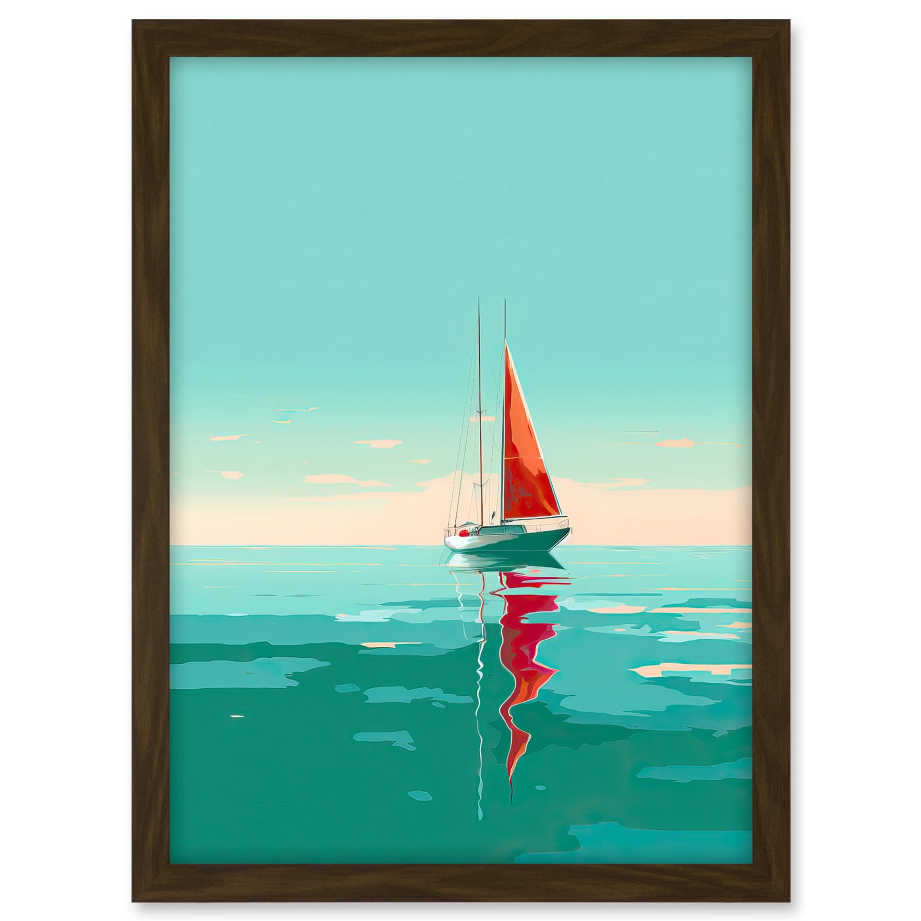 Artery8 A Sailboat with a Red Sail Sailing on a Calm Sea Artwork Framed A3 Wall Art Print