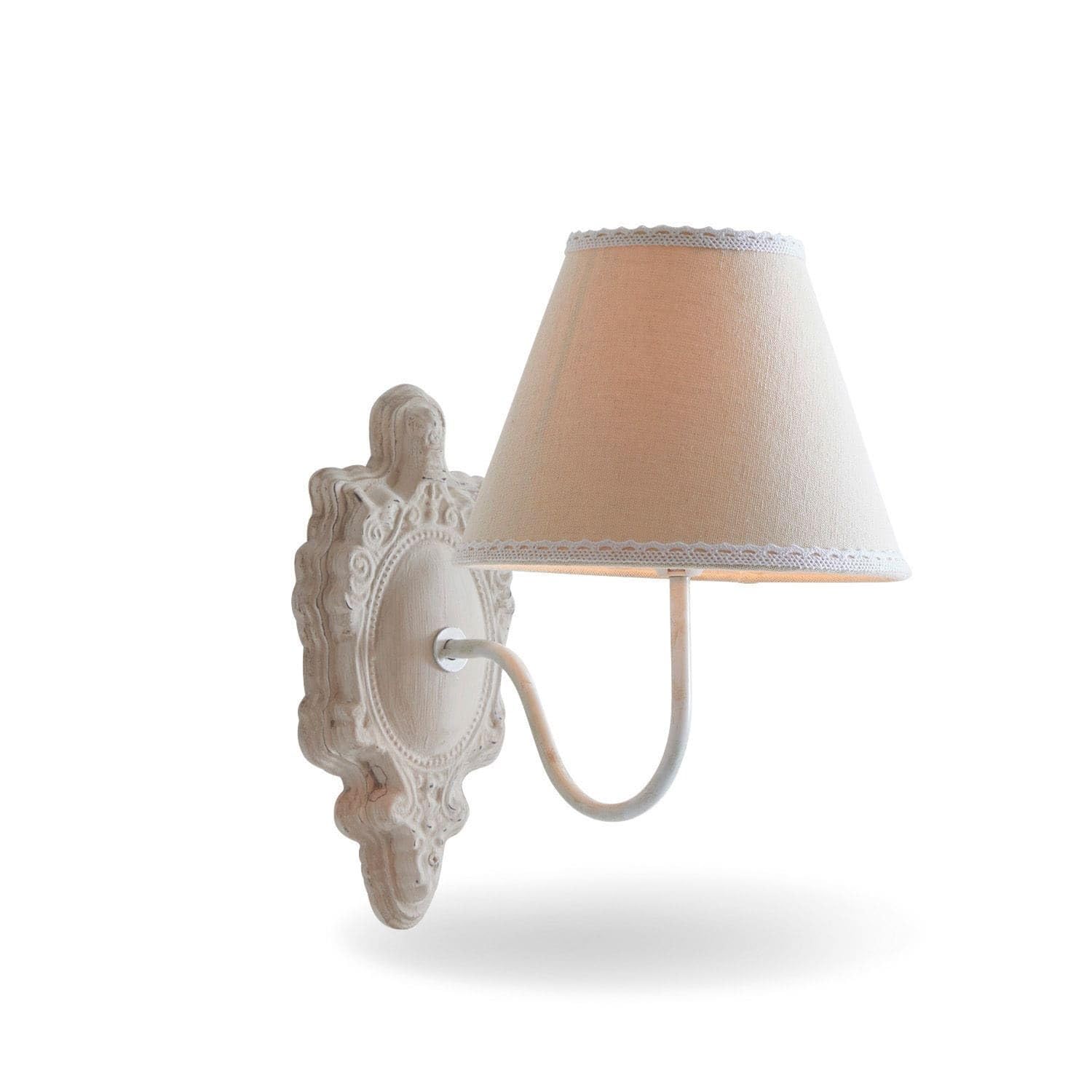 LOBERON Wandlampe Ascoux, aufwendiges Wand-Ornament, Wandleuchte im Shabby-Chic, Nostalgie-Charme, Wohnzimmerlampe, Eisen, Leinen, MDF, antikbeige