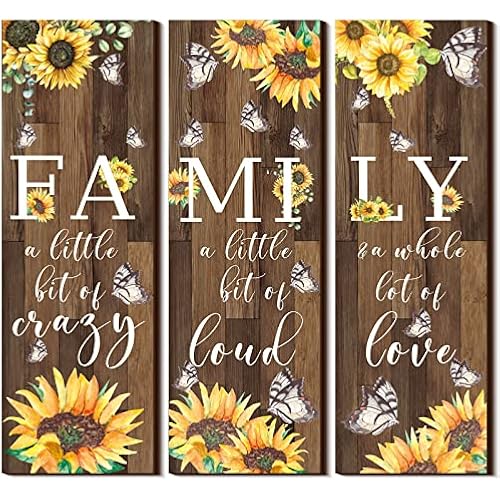 Yookeer 3 Pcs Sunflower Inspirational Kitchen Wall Decor Sunflower Butterfly Gift Wall Decor Family Rustic Wood Sign Hanging Plaque Decor for Living Room Home Office Bedroom (Brown)