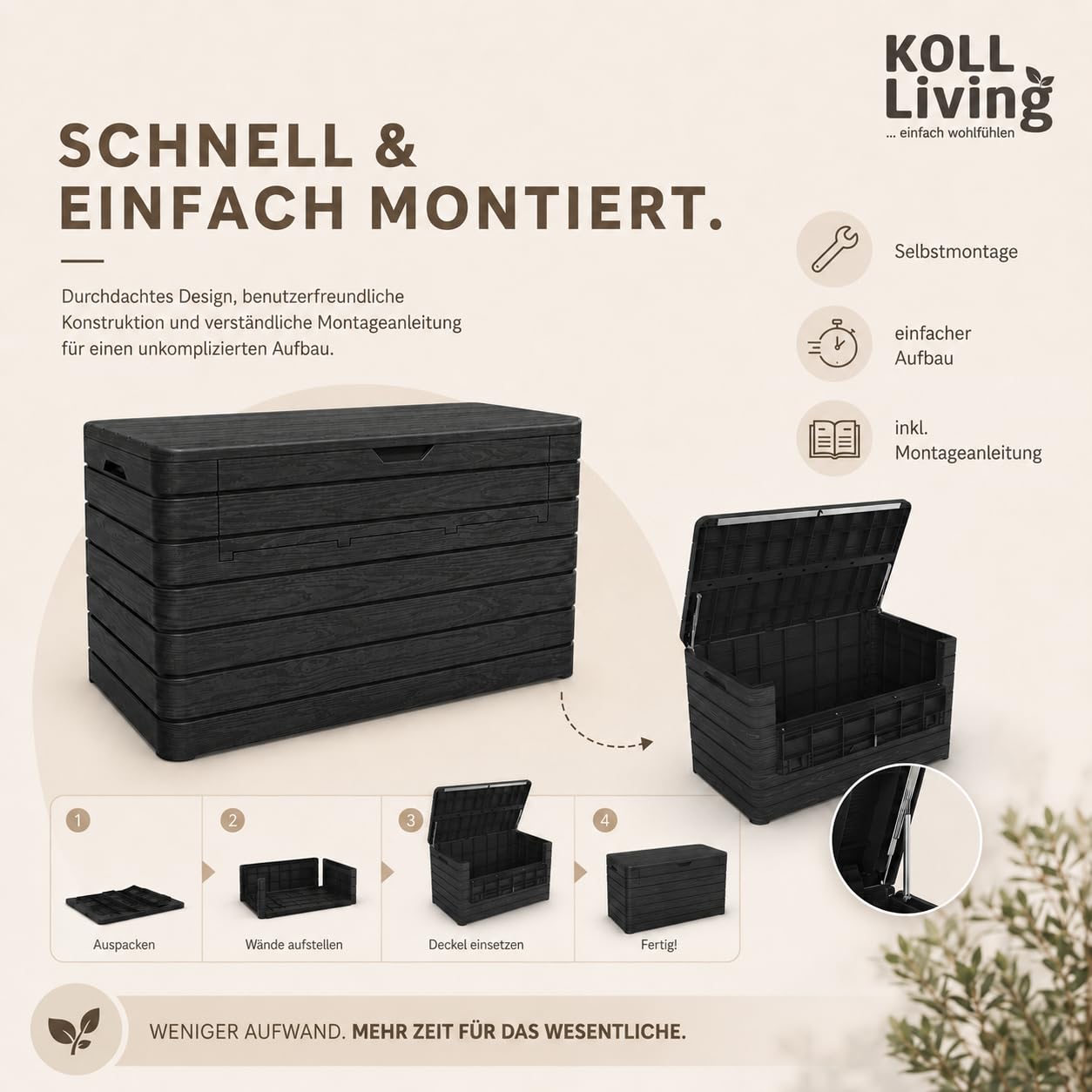 Koll Living Gartenbox/Auflagenbox Nora 970 Liter | Anthrazit | Aufklappbare Front | UV- und witterungsbeständig | 100% Wasserdicht | Belüftet daher Schimmelfrei | 147 x 83 x 85 cm | Gasdruckfedern